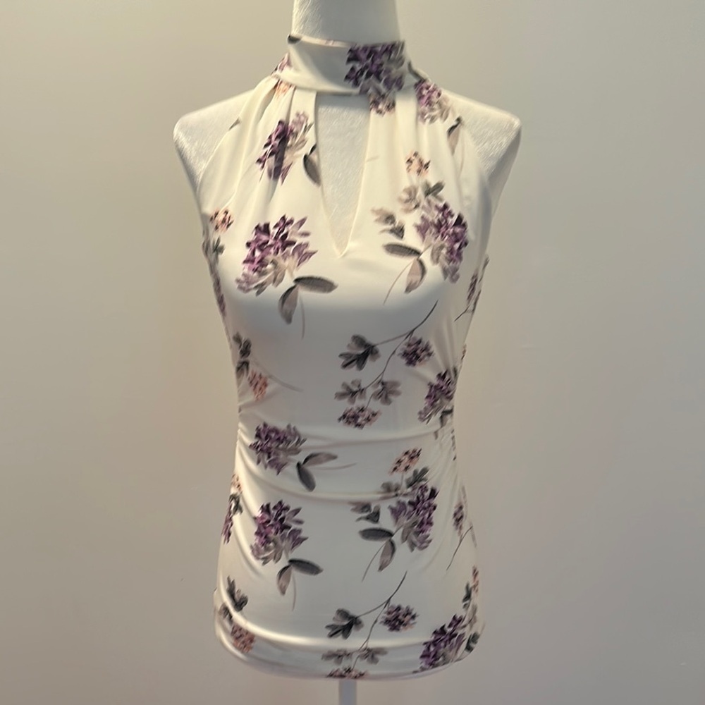 White House Black Market Floral Halter Neck Top - Purple And White